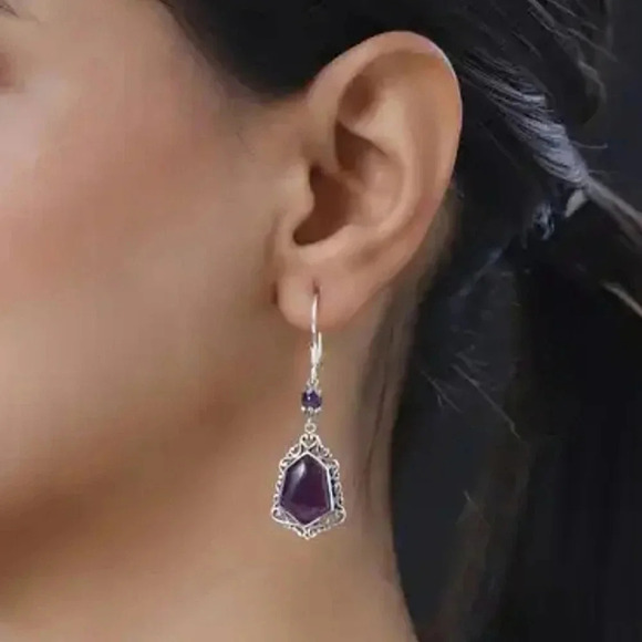 Natural Amethyst Dangle Earrings In Sterling Silver. - Picture 4 of 5